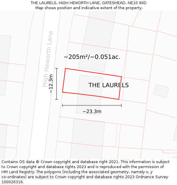 THE LAURELS, HIGH HEWORTH LANE, GATESHEAD, NE10 9XD: Plot and title map