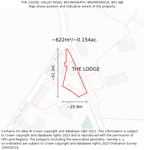 THE LODGE, VALLEY ROAD, BOURNHEATH, BROMSGROVE, B61 9JB: Plot and title map