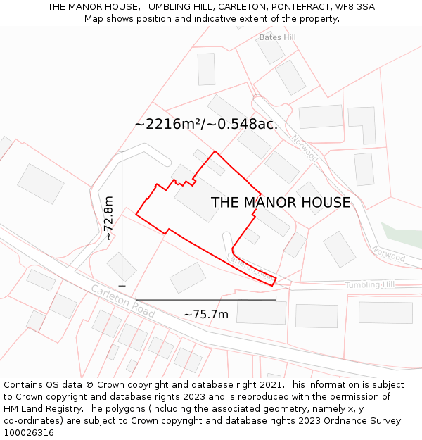 THE MANOR HOUSE, TUMBLING HILL, CARLETON, PONTEFRACT, WF8 3SA: Plot and title map