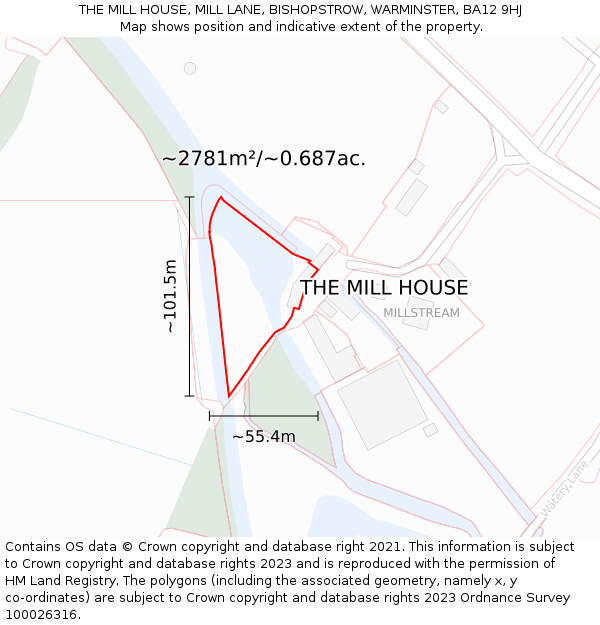THE MILL HOUSE, MILL LANE, BISHOPSTROW, WARMINSTER, BA12 9HJ: Plot and title map