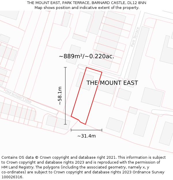 THE MOUNT EAST, PARK TERRACE, BARNARD CASTLE, DL12 8NN: Plot and title map