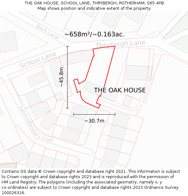 THE OAK HOUSE, SCHOOL LANE, THRYBERGH, ROTHERHAM, S65 4PB: Plot and title map