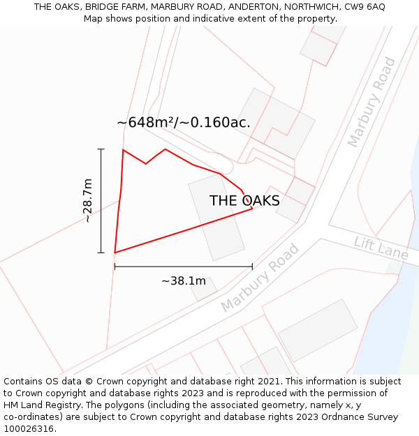 THE OAKS, BRIDGE FARM, MARBURY ROAD, ANDERTON, NORTHWICH, CW9 6AQ: Plot and title map