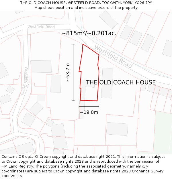 THE OLD COACH HOUSE, WESTFIELD ROAD, TOCKWITH, YORK, YO26 7PY: Plot and title map