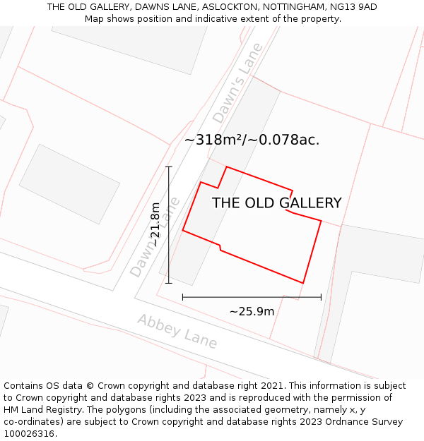 THE OLD GALLERY, DAWNS LANE, ASLOCKTON, NOTTINGHAM, NG13 9AD: Plot and title map