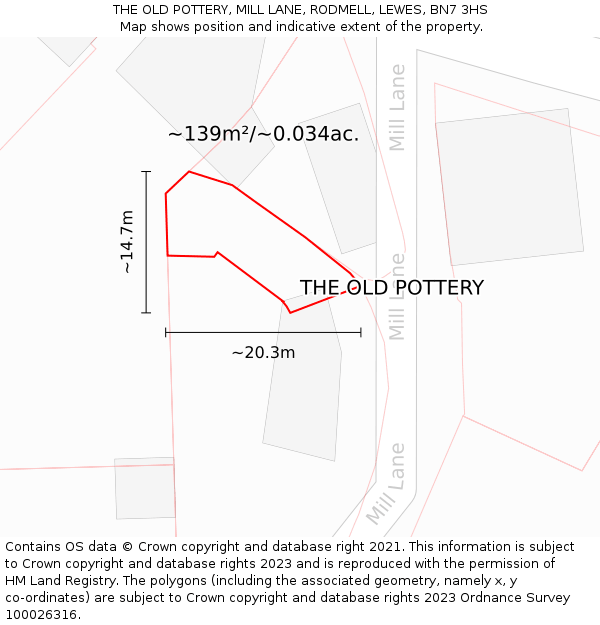 THE OLD POTTERY, MILL LANE, RODMELL, LEWES, BN7 3HS: Plot and title map