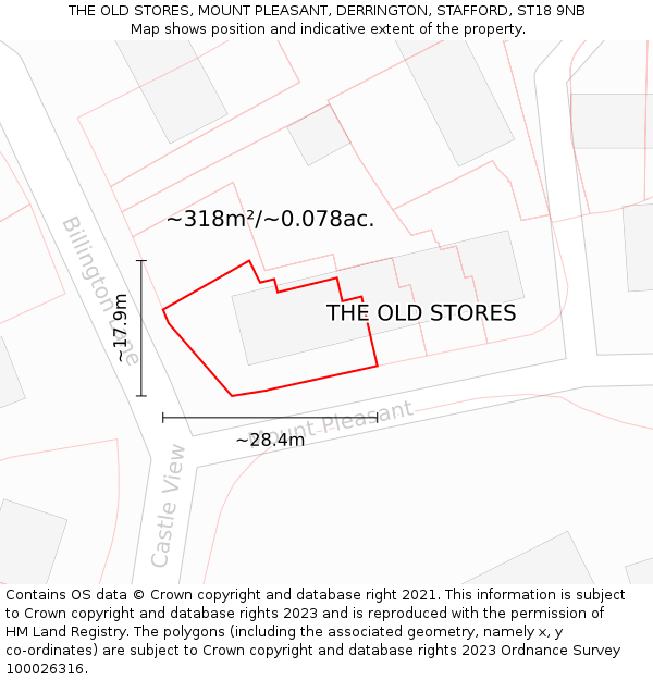 THE OLD STORES, MOUNT PLEASANT, DERRINGTON, STAFFORD, ST18 9NB: Plot and title map