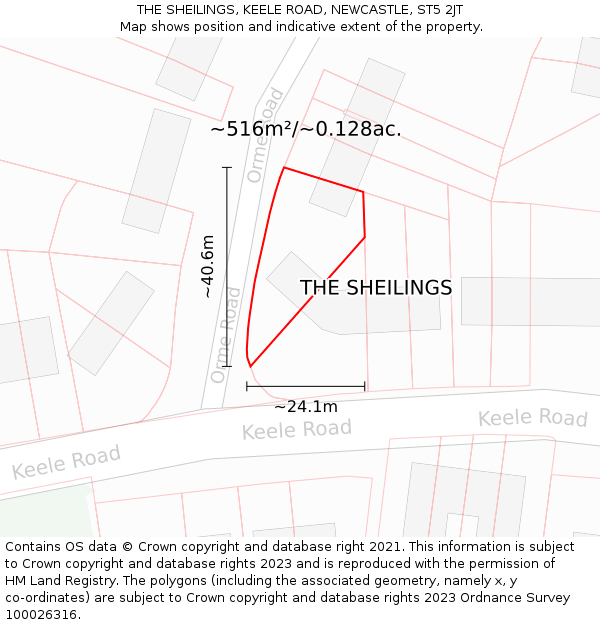 THE SHEILINGS, KEELE ROAD, NEWCASTLE, ST5 2JT: Plot and title map