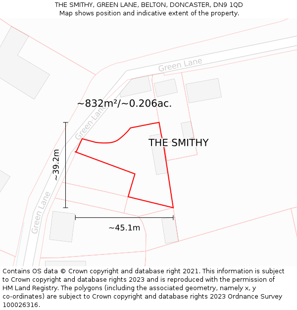 THE SMITHY, GREEN LANE, BELTON, DONCASTER, DN9 1QD: Plot and title map