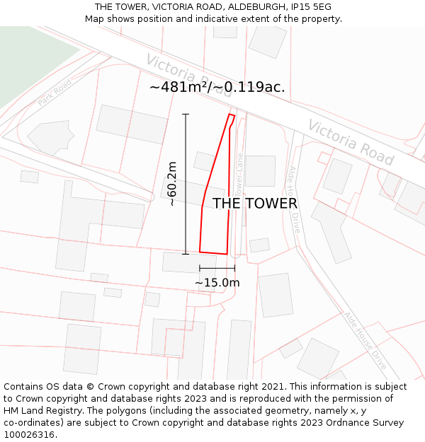 THE TOWER, VICTORIA ROAD, ALDEBURGH, IP15 5EG: Plot and title map