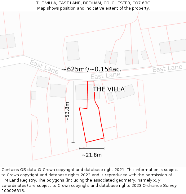 THE VILLA, EAST LANE, DEDHAM, COLCHESTER, CO7 6BG: Plot and title map