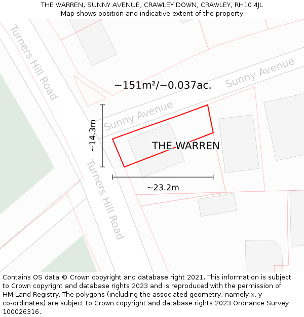 THE WARREN, SUNNY AVENUE, CRAWLEY DOWN, CRAWLEY, RH10 4JL: Plot and title map