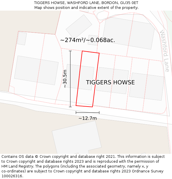 TIGGERS HOWSE, WASHFORD LANE, BORDON, GU35 0ET: Plot and title map