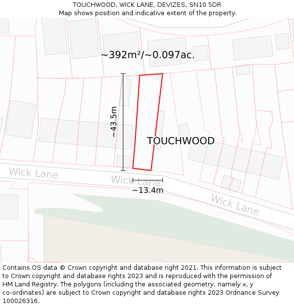 TOUCHWOOD, WICK LANE, DEVIZES, SN10 5DR: Plot and title map