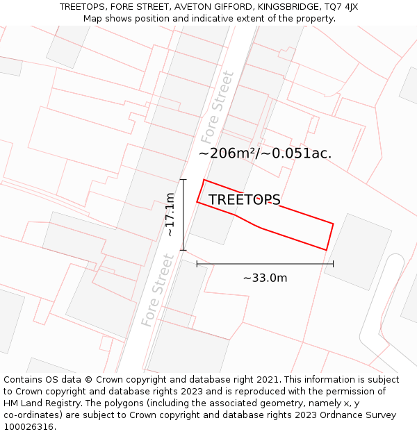 TREETOPS, FORE STREET, AVETON GIFFORD, KINGSBRIDGE, TQ7 4JX: Plot and title map