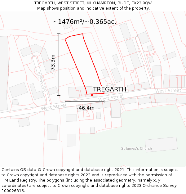 TREGARTH, WEST STREET, KILKHAMPTON, BUDE, EX23 9QW: Plot and title map