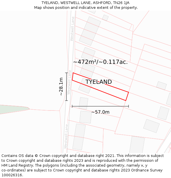 TYELAND, WESTWELL LANE, ASHFORD, TN26 1JA: Plot and title map
