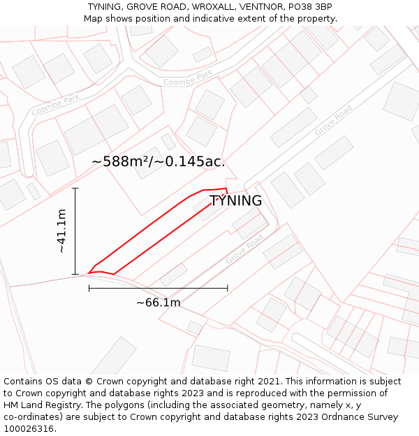 TYNING, GROVE ROAD, WROXALL, VENTNOR, PO38 3BP: Plot and title map