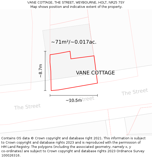 VANE COTTAGE, THE STREET, WEYBOURNE, HOLT, NR25 7SY: Plot and title map