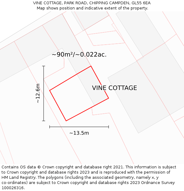 VINE COTTAGE, PARK ROAD, CHIPPING CAMPDEN, GL55 6EA: Plot and title map