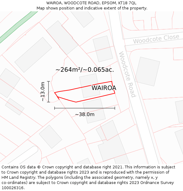 WAIROA, WOODCOTE ROAD, EPSOM, KT18 7QL: Plot and title map