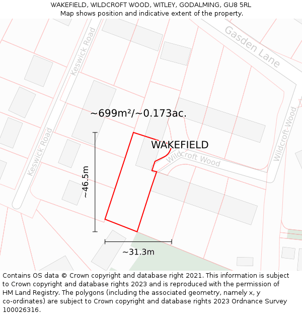 WAKEFIELD, WILDCROFT WOOD, WITLEY, GODALMING, GU8 5RL: Plot and title map