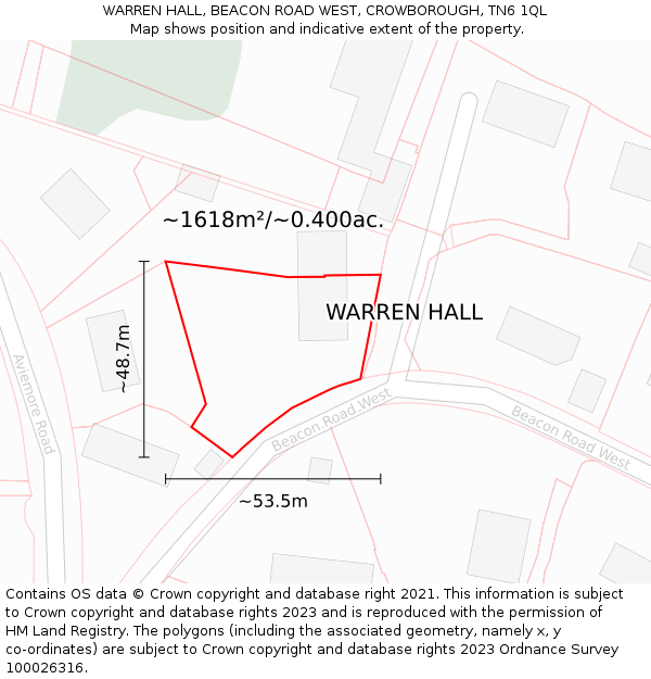 WARREN HALL, BEACON ROAD WEST, CROWBOROUGH, TN6 1QL: Plot and title map