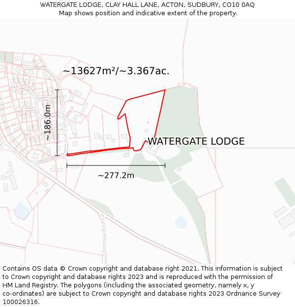 WATERGATE LODGE, CLAY HALL LANE, ACTON, SUDBURY, CO10 0AQ: Plot and title map