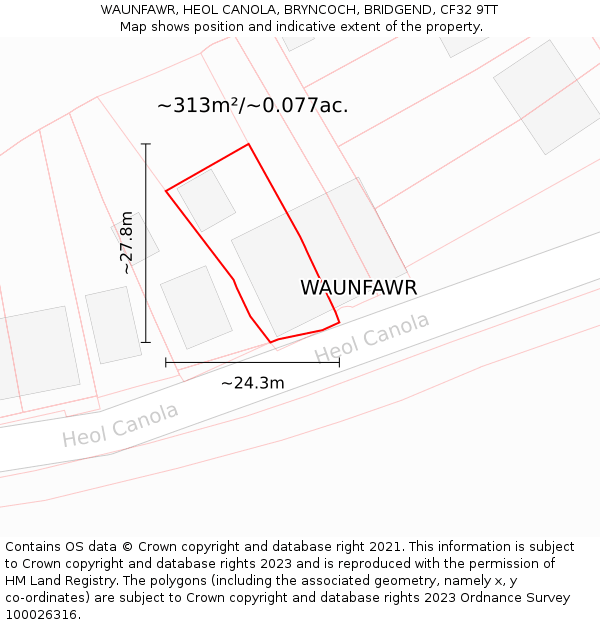 WAUNFAWR, HEOL CANOLA, BRYNCOCH, BRIDGEND, CF32 9TT: Plot and title map