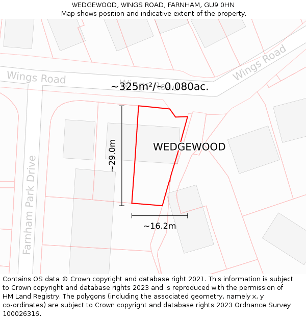 WEDGEWOOD, WINGS ROAD, FARNHAM, GU9 0HN: Plot and title map