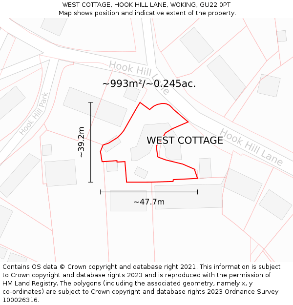 WEST COTTAGE, HOOK HILL LANE, WOKING, GU22 0PT: Plot and title map