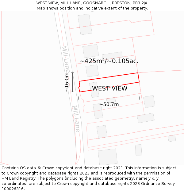 WEST VIEW, MILL LANE, GOOSNARGH, PRESTON, PR3 2JX: Plot and title map