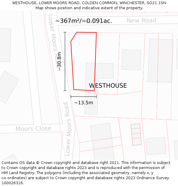 WESTHOUSE, LOWER MOORS ROAD, COLDEN COMMON, WINCHESTER, SO21 1SN: Plot and title map