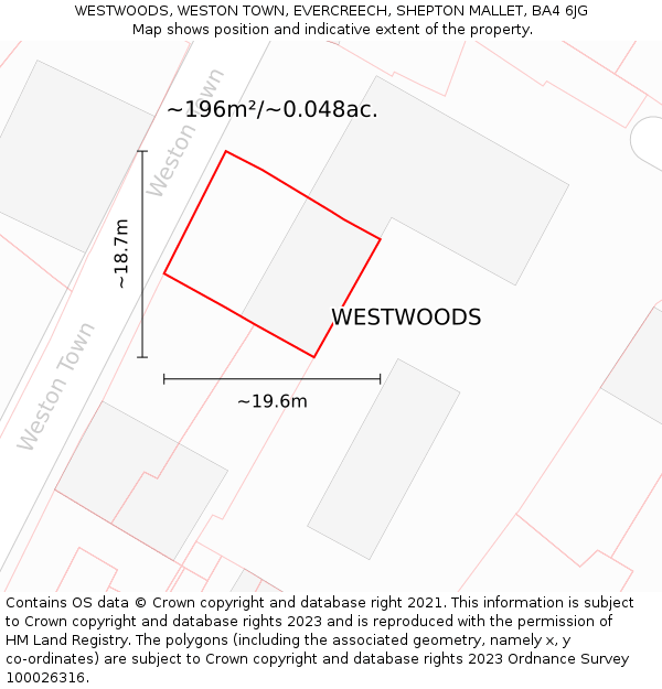 WESTWOODS, WESTON TOWN, EVERCREECH, SHEPTON MALLET, BA4 6JG: Plot and title map