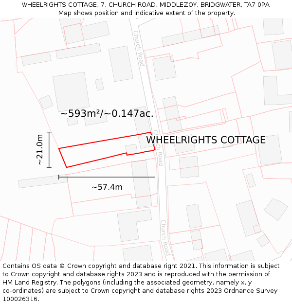 WHEELRIGHTS COTTAGE, 7, CHURCH ROAD, MIDDLEZOY, BRIDGWATER, TA7 0PA: Plot and title map