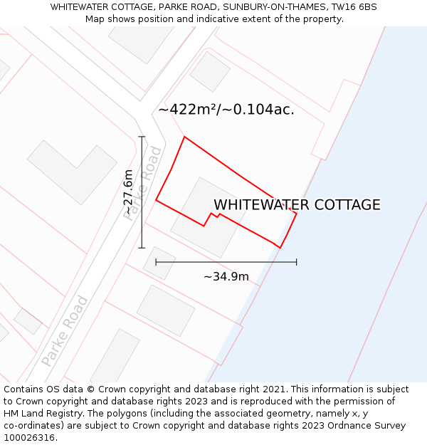 WHITEWATER COTTAGE, PARKE ROAD, SUNBURY-ON-THAMES, TW16 6BS: Plot and title map