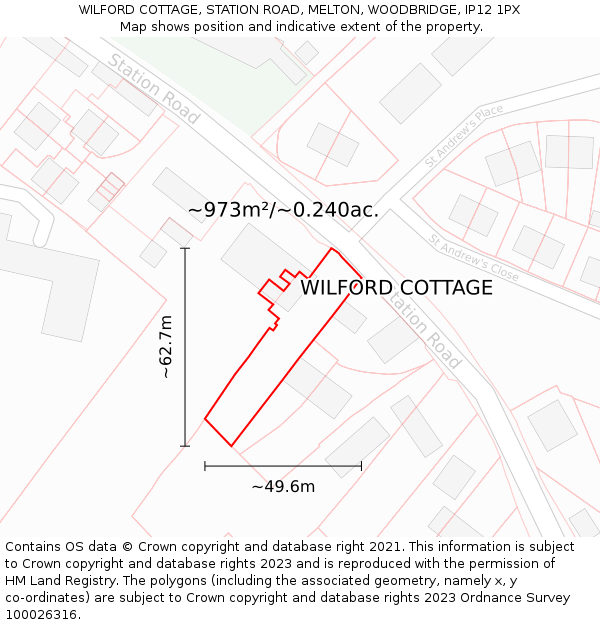 WILFORD COTTAGE, STATION ROAD, MELTON, WOODBRIDGE, IP12 1PX: Plot and title map