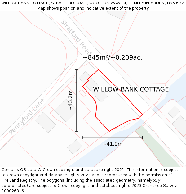 WILLOW BANK COTTAGE, STRATFORD ROAD, WOOTTON WAWEN, HENLEY-IN-ARDEN, B95 6BZ: Plot and title map