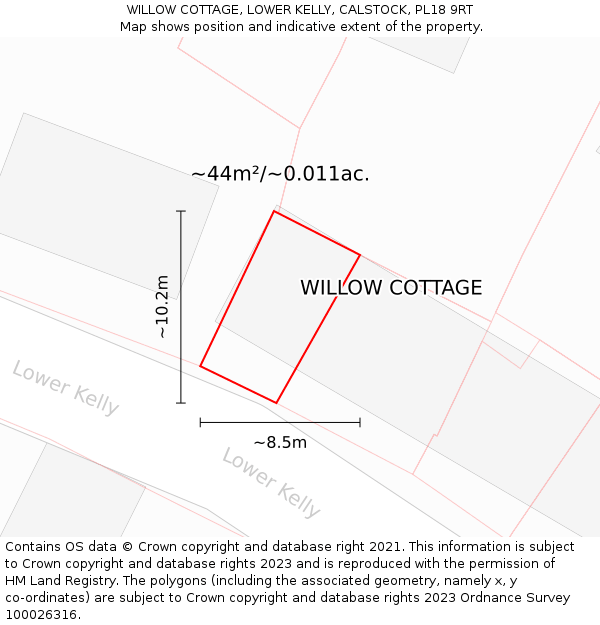 WILLOW COTTAGE, LOWER KELLY, CALSTOCK, PL18 9RT: Plot and title map