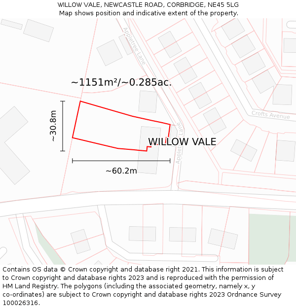 WILLOW VALE, NEWCASTLE ROAD, CORBRIDGE, NE45 5LG: Plot and title map