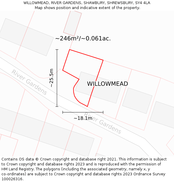 WILLOWMEAD, RIVER GARDENS, SHAWBURY, SHREWSBURY, SY4 4LA: Plot and title map