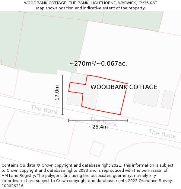 WOODBANK COTTAGE, THE BANK, LIGHTHORNE, WARWICK, CV35 0AT: Plot and title map