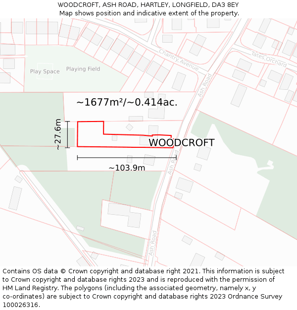 WOODCROFT, ASH ROAD, HARTLEY, LONGFIELD, DA3 8EY: Plot and title map