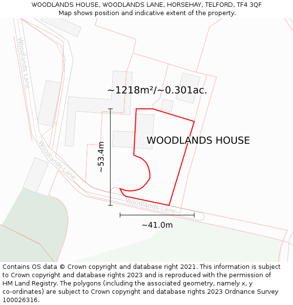 WOODLANDS HOUSE, WOODLANDS LANE, HORSEHAY, TELFORD, TF4 3QF: Plot and title map