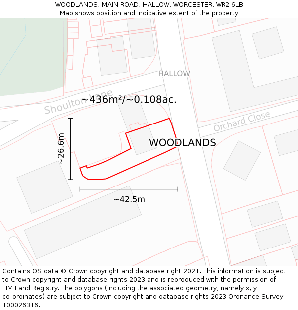 WOODLANDS, MAIN ROAD, HALLOW, WORCESTER, WR2 6LB: Plot and title map