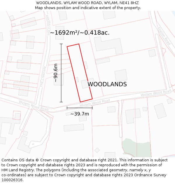 WOODLANDS, WYLAM WOOD ROAD, WYLAM, NE41 8HZ: Plot and title map