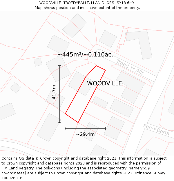 WOODVILLE, TROEDYRALLT, LLANIDLOES, SY18 6HY: Plot and title map