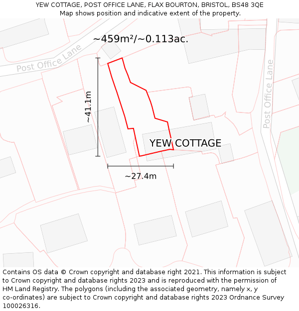 YEW COTTAGE, POST OFFICE LANE, FLAX BOURTON, BRISTOL, BS48 3QE: Plot and title map