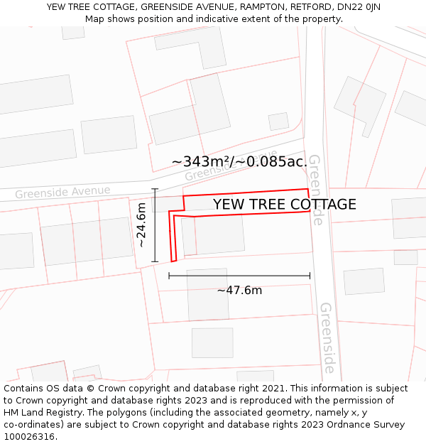 YEW TREE COTTAGE, GREENSIDE AVENUE, RAMPTON, RETFORD, DN22 0JN: Plot and title map