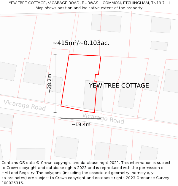 YEW TREE COTTAGE, VICARAGE ROAD, BURWASH COMMON, ETCHINGHAM, TN19 7LH: Plot and title map